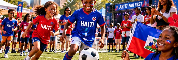 Children in Haiti jerseys playing football at the festival