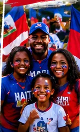 Family in Haiti jerseys smiling together